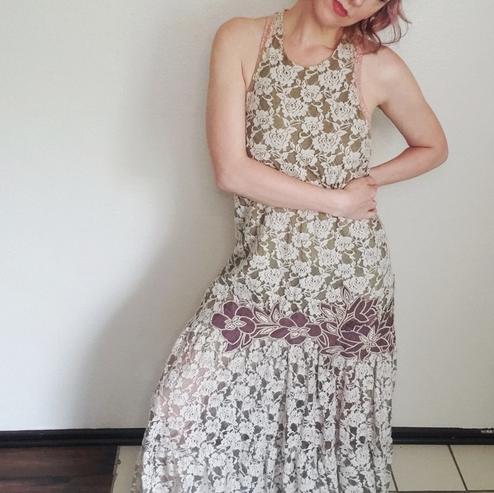 Free People One green and purple floral lace maxi